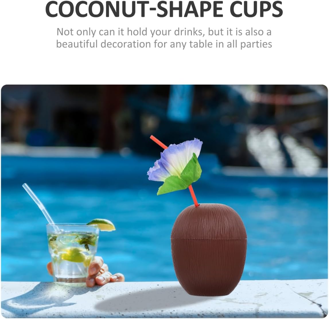 Healifty Hawaiian Coconut Cups with Straws, 17Oz Set of 4 Plastic Tiki Drink Glasses for Luau Party Decorations, Reusable Tropical Hawaiian Beverage Cup for Kids Birthday and Summer Pool
