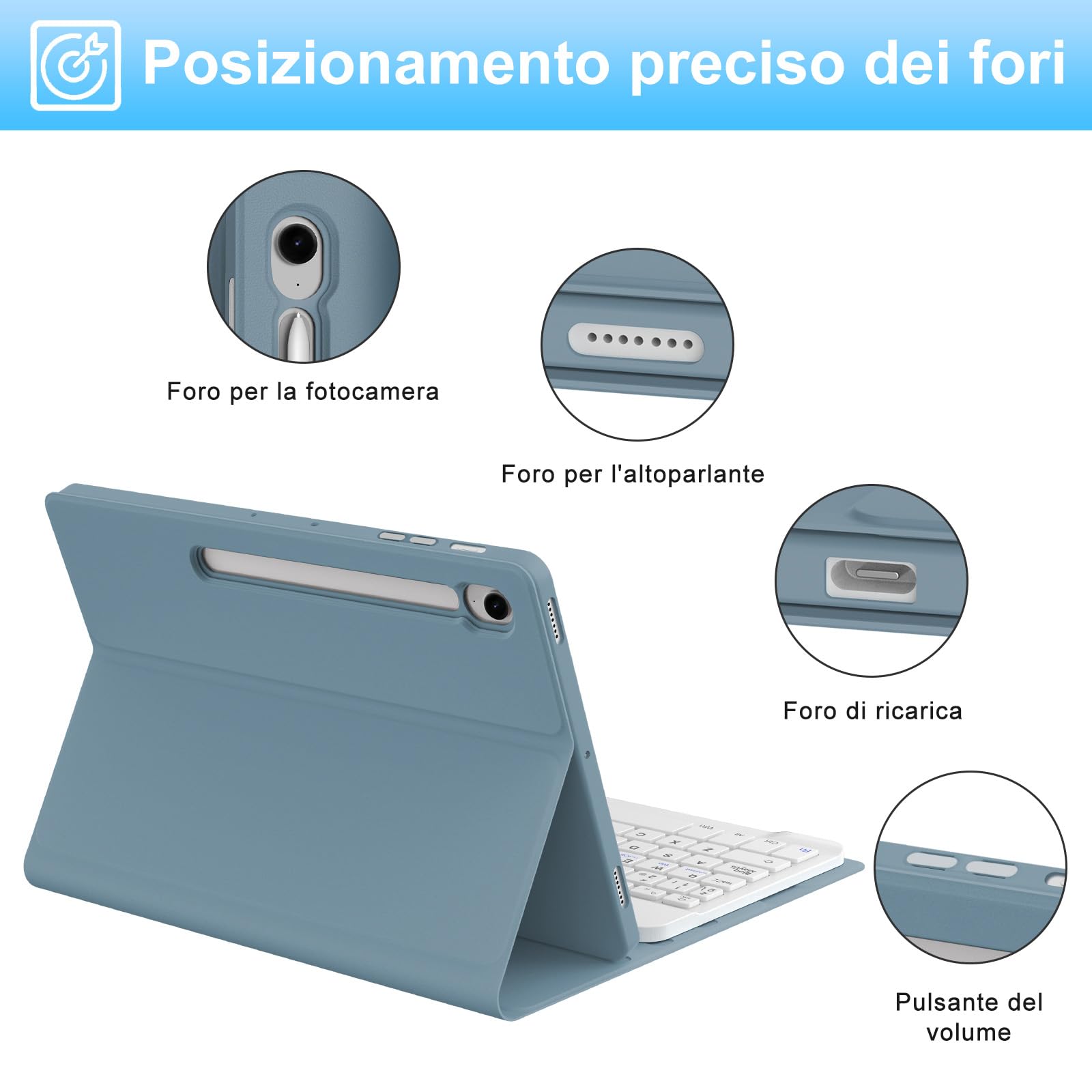 IVEOPPE Cover Tastiera per Samsung Galaxy Tab S10 Lite/S9 FE/S10 FE 10.9"/S9 11", Tastiera Italiano QWERTY Bluetooth Senza Fili Staccabile, Custodia con Portapenna, Grigio-blu