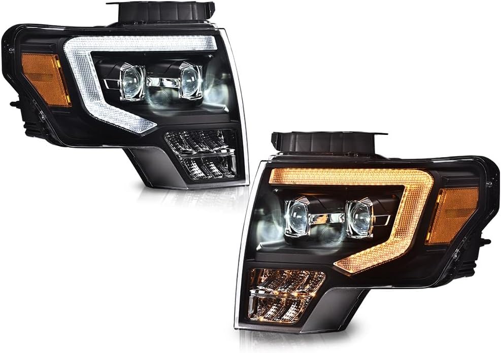 DOTCOM LED Tube Dual Headlight Assembly, Fit For Ford F150 2009 2010 2011 2012 2013 2014 Headlamps,Driver & Passenger Side,Clear lens Black Housing Amber Reflector FO2503289 FO2502289