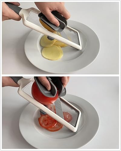 Miniatura 3 de Mandolina ajustable de mano, con agarre para alimentos y cuchillas ajustables, apta para lavavajillas, gris