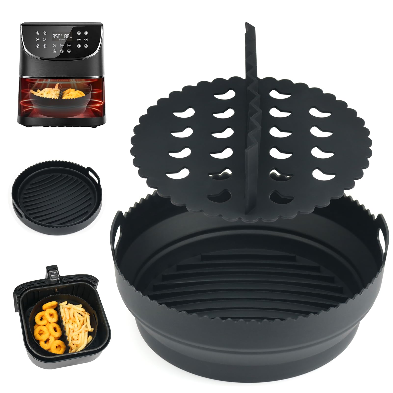 BYKITCHEN Air Fryer Liner Silicone with Divider, Silicone Air Fryer Accessories for Ninja Max/Cosori/Russell Hobbs/Tefal from 4.7L-5.2L Air Fryer, 8 Inch Reusable Air Fryer Basket Liner