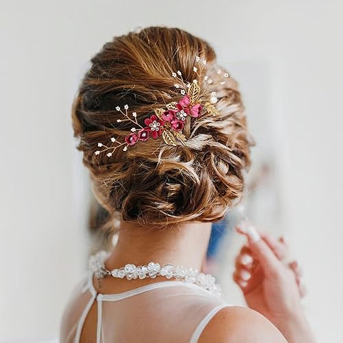 Miniatura 2 de Cinaci 18 piezas para novia, boda, fiesta, graduación, perlas, diamantes de imitación, rosa, rojo, flores, peinetas laterales, diapositivas,