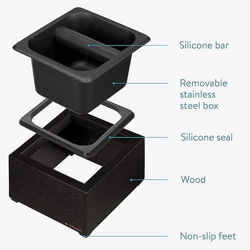 Miniatura 3 de Navaris Caja de café  Contenedor de acero inoxidable y madera para máquina de café expreso  Con barra de silicona para golpear moliendas de filtro