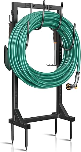 Winpull Soporte para manguera de jardín con 4 picos, soporte de manguera independiente para exteriores, resistente, 6 ganchos, manguera de jardín de