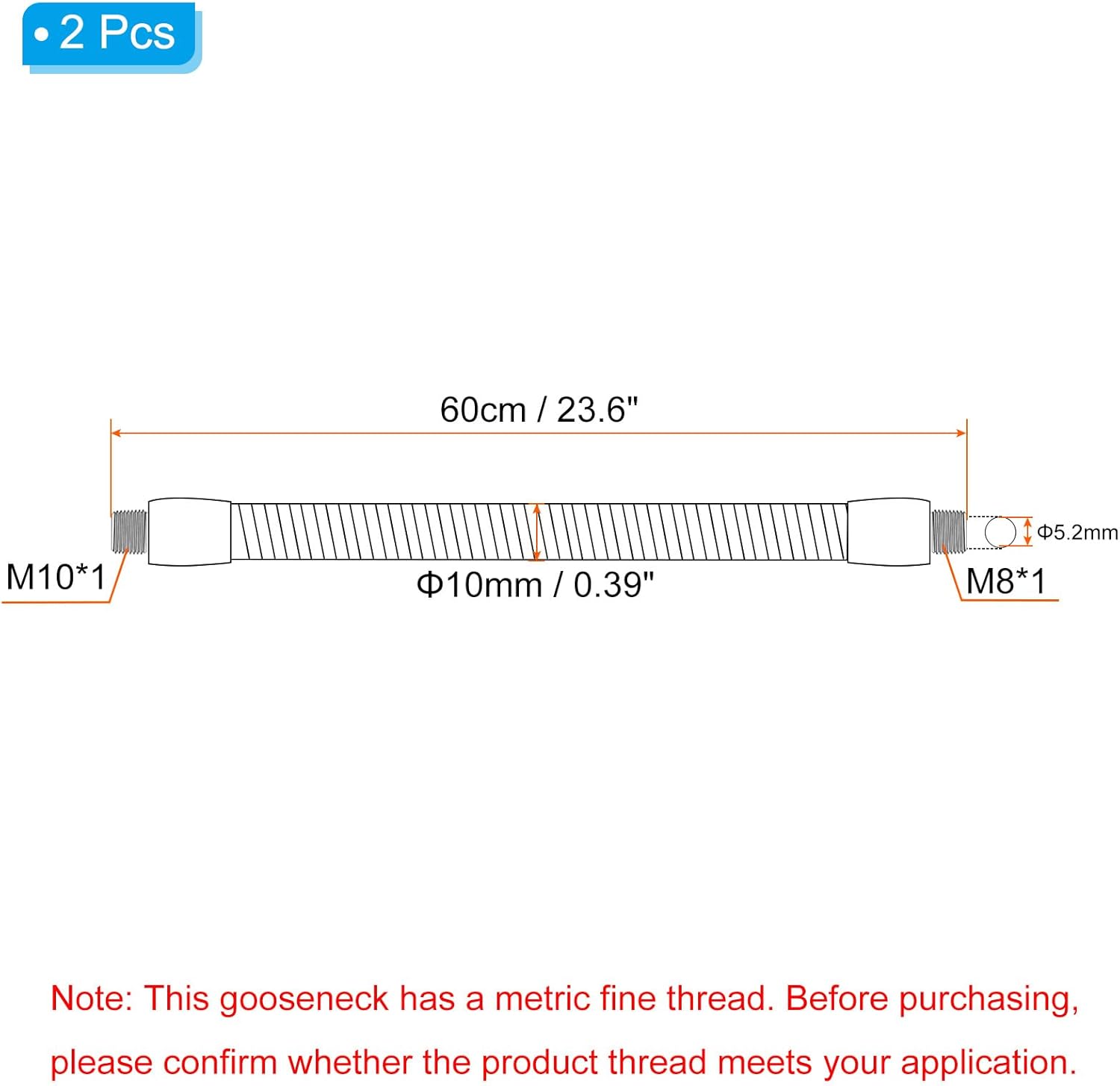 PATIKIL 23.6" Universal Gooseneck Hose, 2Pcs M10 to M8 Fine Thread Metal Positioning Hose Flexible Arm Tube Extension for Lamp, DIY Equipment, Silver Tone