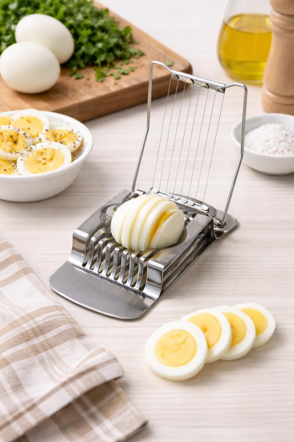 Yumurta Dilimleyici – Paslanmaz Çelik Telli Yumurta Kesici, Kahvaltı ve Salata İçin Pratik ve Eşit Dilimleme Aparatı (1, Çelik)