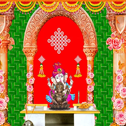 Image of SATVIK 8x5ft. Fabric Backdrop for Indian Pooja Decor Ganpati Photo Traditional Puja Cloth Backdrop Mehndi Diwali Festival Marigold Flower Garland Tulle Curtain Wedding Bridal Baby Shower Wall Banner