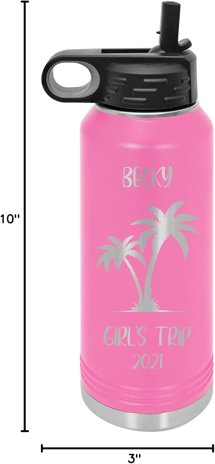 Tropical Vacation with the Girls, Personalized 32 oz Water Bottle for Family Trip, Day Drinking Tumbler, Family Annual Vacation, Laser Engraved, Vacuum Insulated, Stainless Steel, with Lid and Straw