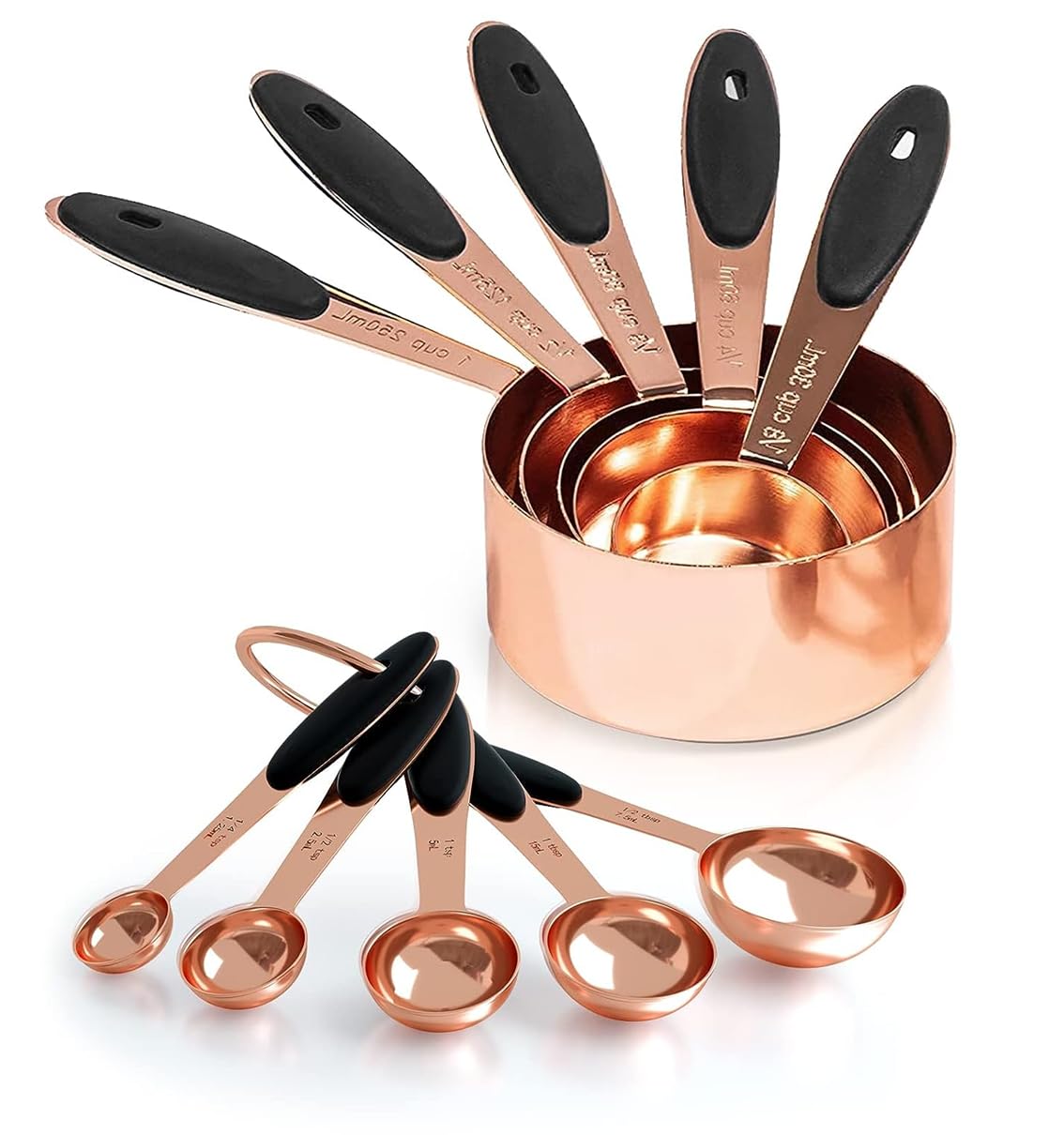 Stainless Steel Measuring Cups and Spoons - 10 Pieces | in Shiny Copper Color | Ideal for Baking for Dry and Liquid Ingredients | with Hanging Hole (Copper)