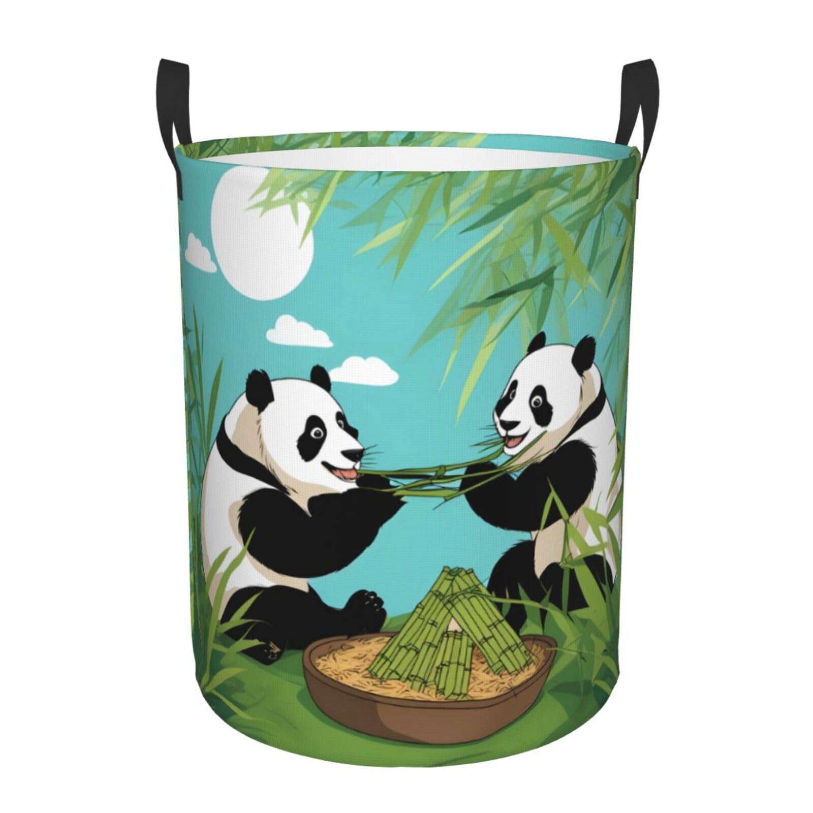 S Collapsible Two cute big pandas Print Circular Hamper Round
