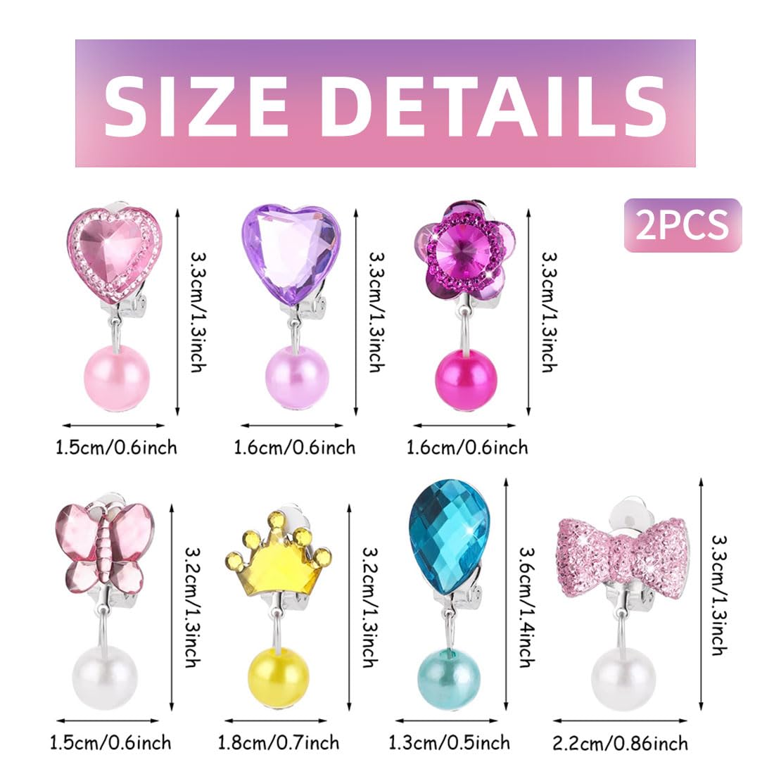 Orecchini Clip Bambina, 6 Paia Orecchini Pendenti a Clip Colorati, Con Arcobaleno, Amore Fiori e Corona Resina Senza Fori Orecchino, al Feste, Accessori Quotidiani (A