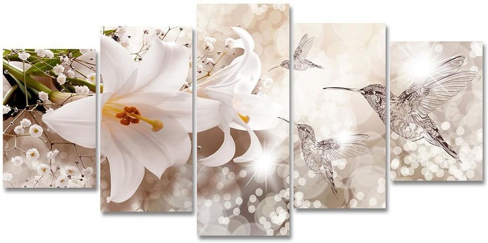 White Lily Flower Canvas Painting Abstract Humminbird Animal Wall Art