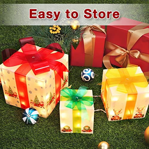 Christmas Decorations Lighted Gift Boxes, Set of 3 Gift Boxes (Large, Medium, Small) with 50 Mini Lights for Indoor Outdoor Christmas Tree Home Party Decor (Cartoon Theme)