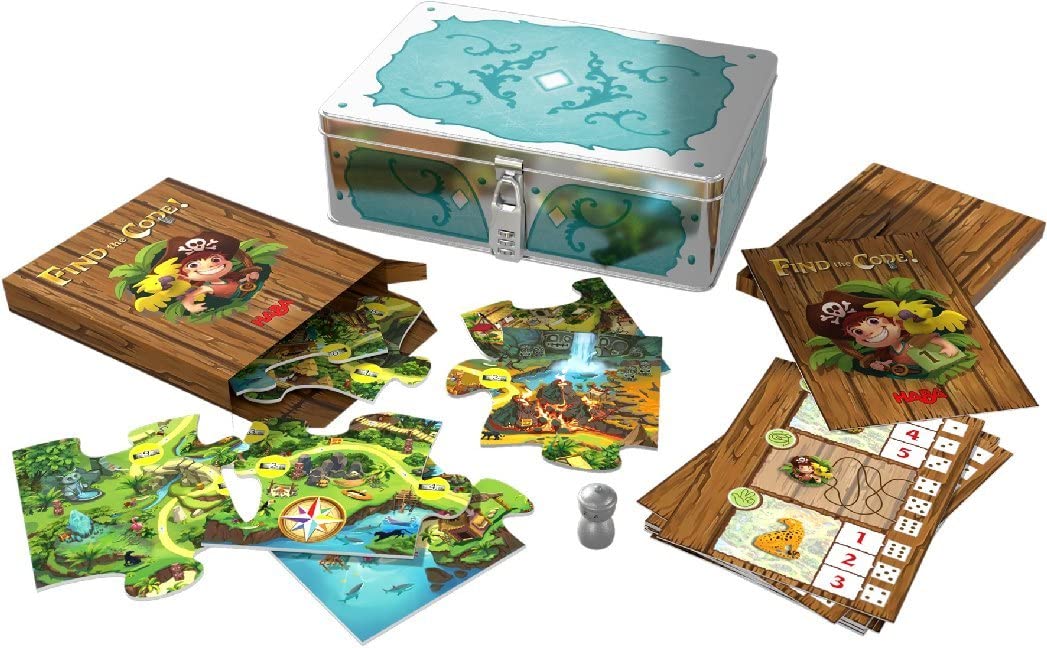 HABA 304839 - Find the code! Wyspa piracka, zagadka z puzzlami z mapami skarbów i skrzynią skarbów do ponownego napełniania, gra od 5 lat