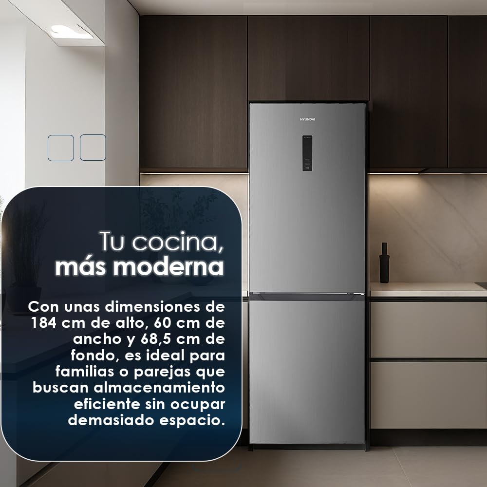 Hyundai Frigorífico Combi Inox, 2 Puertas HCB18560NCDI01, Capacidad 323 Litros, No Frost, Multi Air Flow, Bajo Nivel Sonoro, Puerta Reversible, Clasificación Energética C