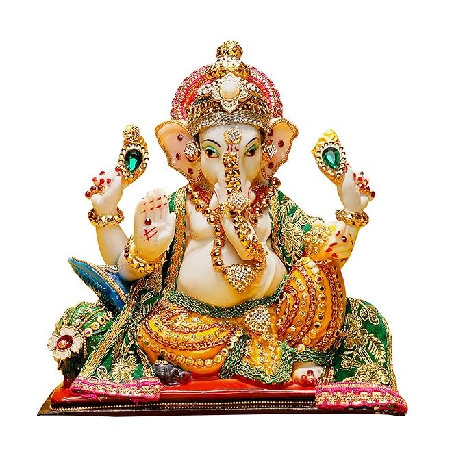 ANI DIVINE Dressed Ganesh Chowki (Marble Dust) 10 Inches Ganesha Idol Statue