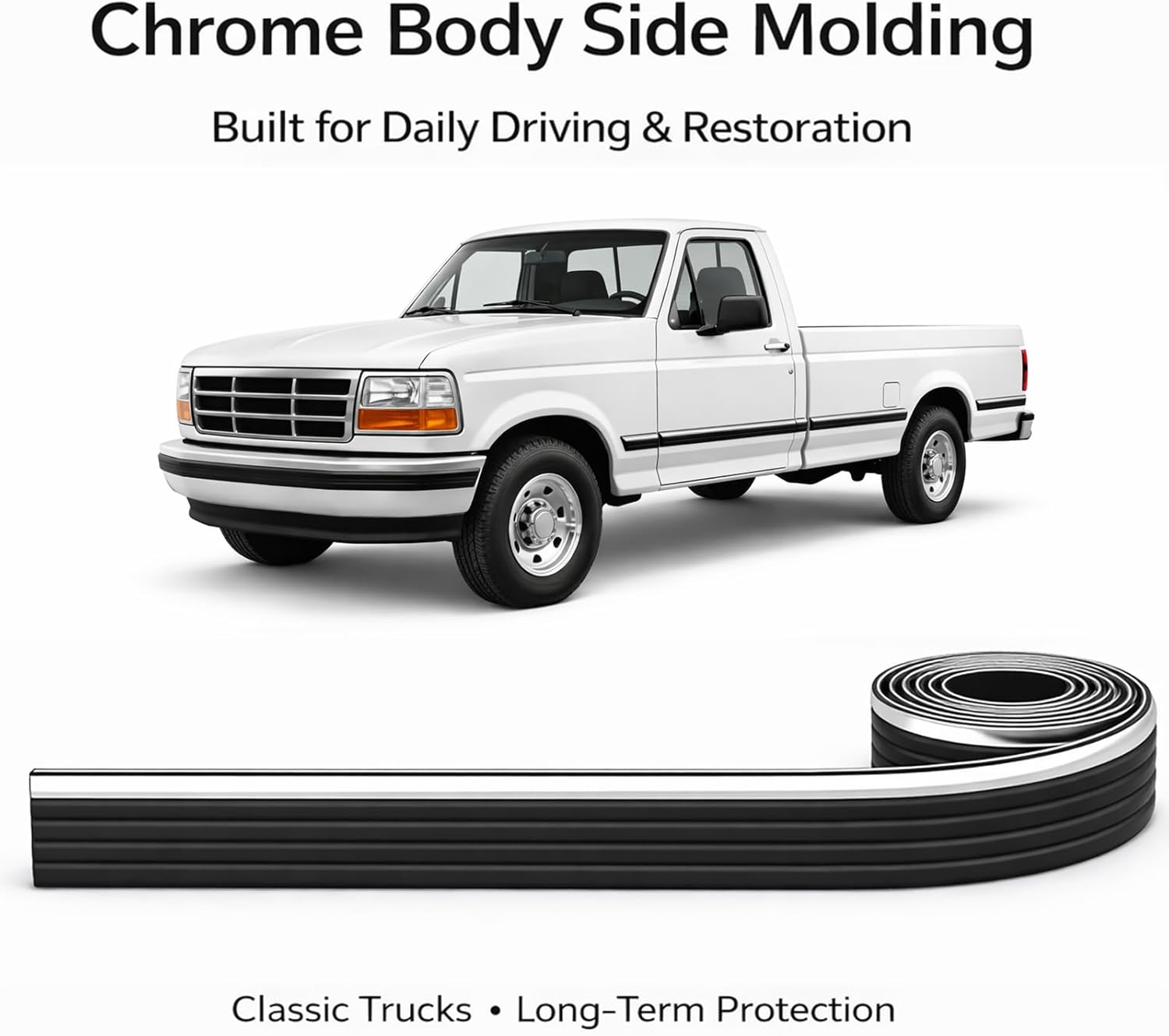 Chrome Body Side Molding Trim Roll – 2.5" Tape-On Replacement Exterior Protection for 1992–1997 Ford F150, F250, F350 & Bronco