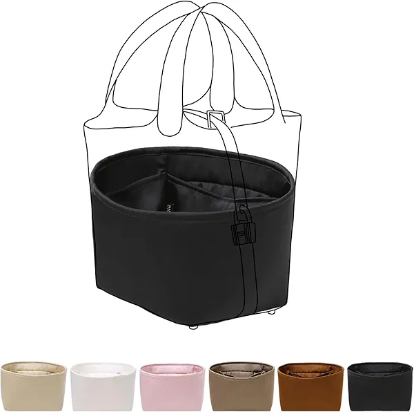 Luxury Silk Purse Organizer for Picotin18 - Silky Smooth Handbag Insert with Hidden Zipper, Lightweight and Supportive Tote Shaper for Elegant Storage（Black）