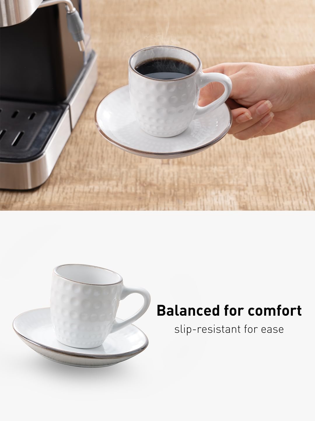 famiware Espresso Cups and Saucers Set of 4, 3 oz Ceramic Small Coffee Mug with Handle, Embossed Stoneware Demitasse Cup for Tea, Latte - Microwave & Dishwasher Safe - White Circle - Image 6