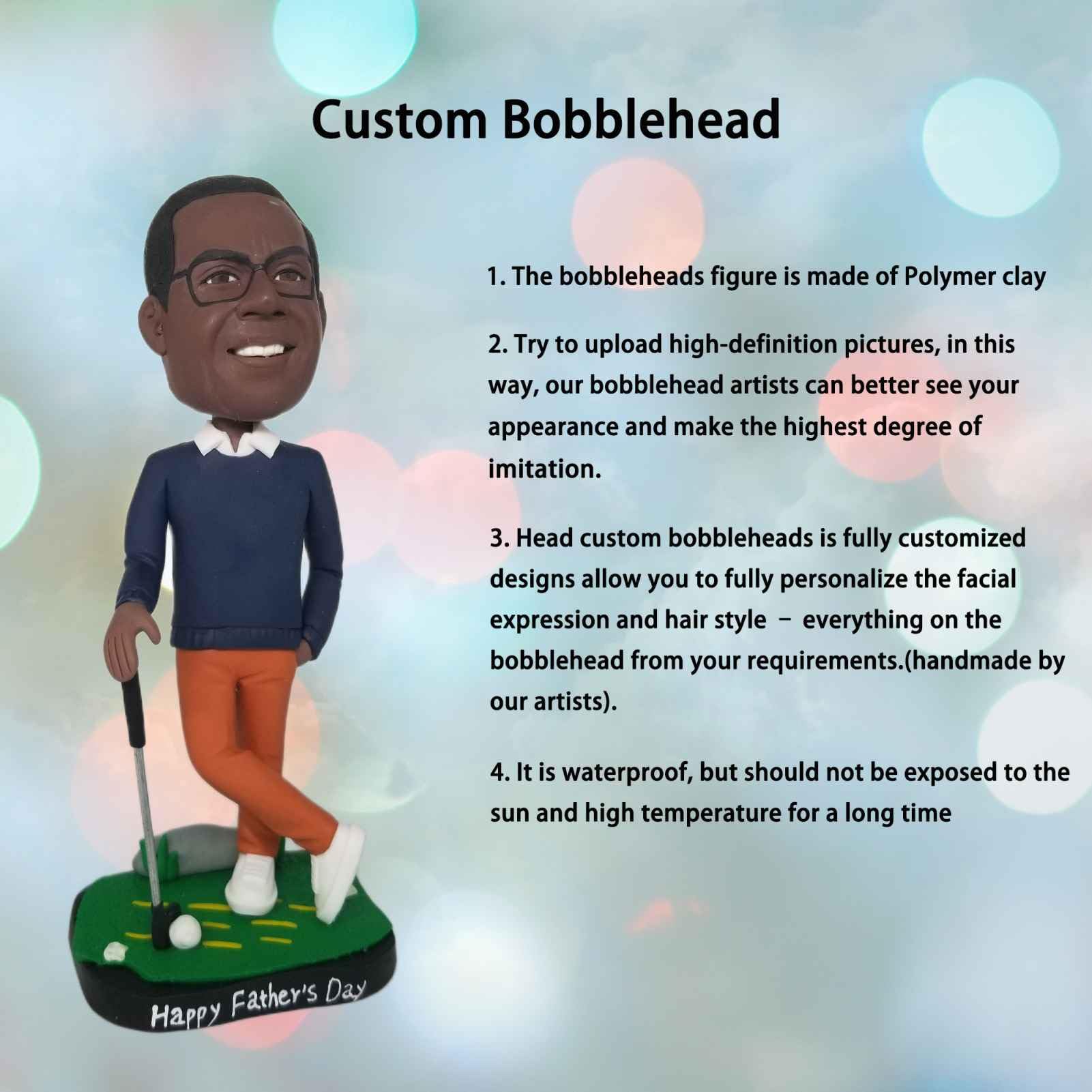 Niestandardowa figurka Bobblehead Spersonalizowane prezenty dla lalek Black Golfer dla taty chłopaka męża szefa biura współpracownika, wykwintne detale, kolekcjonerska ręcznie robiona rzeźba na deskę rozdzielczą samochodu