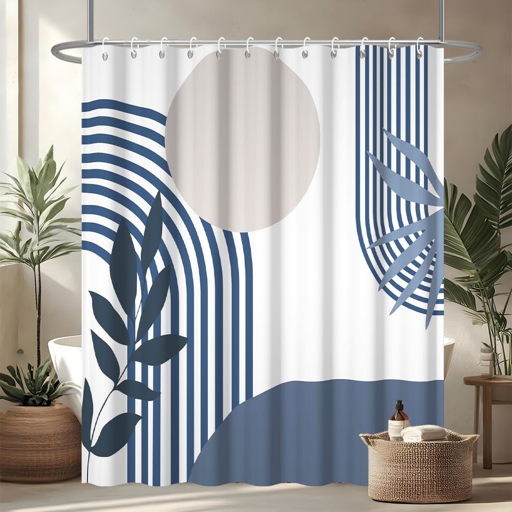 Tenda Doccia Antimuffa, Tenda da Doccia 180x200cm Boho Chic Blu Navy Astratta Grigio Sole Blu Scuro Foglie Tende da Bagno Tessuto Lavabile Impermeabile Tende per Vasca da Bagno con 12 Anelli