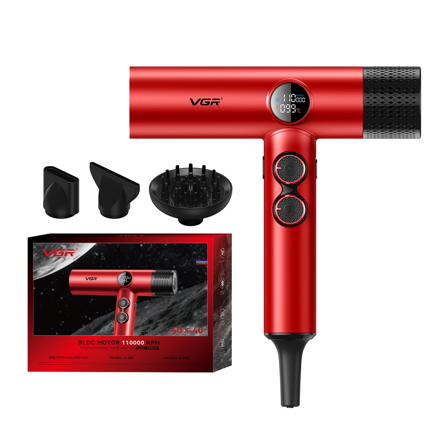 VGR V-401 Professional Salon Series Hair Dryer | 110000 RPM BLDC Motor with 40 Speed & Temp Settings, Cool Shot, Magnetic Nozzles, LED Display (Red,1900W)-image-46
