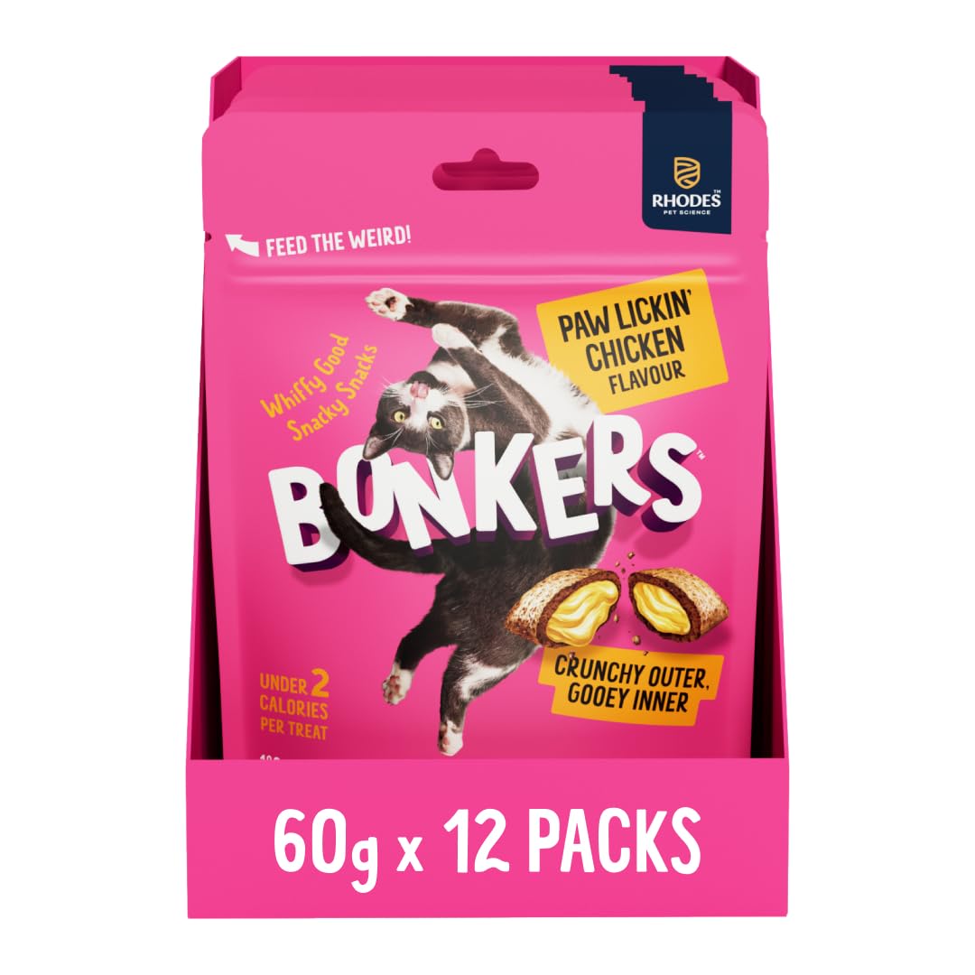 BONKERS Cat Bites 12 x 60 g, Crunchy & Soft Lickin' Chicken Flavour Crunchy Cat Treats
