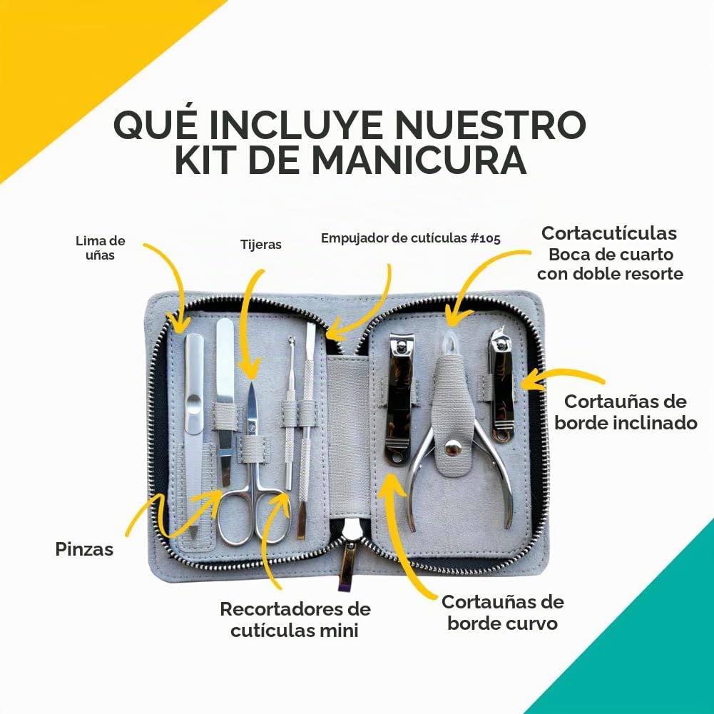 Rui Smiths Kit de Manicura de 8 Piezas de Acero Inoxidable Para el Hogar y el Salón de Belleza con Pinza de Precisión Profesional para Cutículas y Empujador de Metal Estilo nº 105
