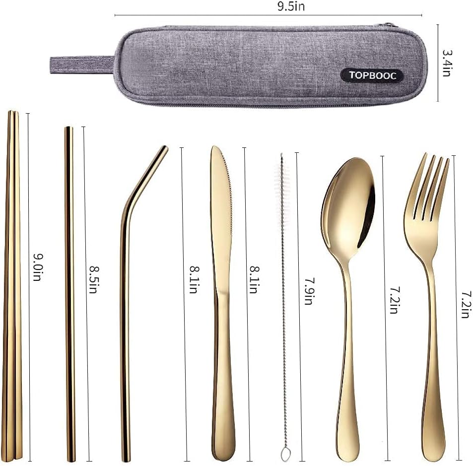 Portable Stainless Steel Flatware Set, Travel Camping Cutlery Set, Portable Utensil Travel Silverware Dinnerware Set with a Waterproof Case (Gold) image 5
