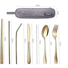 Portable Stainless Steel Flatware Set, Travel Camping Cutlery Set, Portable Utensil Travel Silverware Dinnerware Set with a Waterproof Case (Gold)