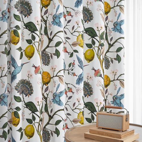 Image of Blue White Vintage Floral Curtains 84 Inches Long for Living Room Bedroom Luxury Whimsical Lemon Hummingbird Patterned Waverly Mid Century Colorful Pinch Pleated Blackout Drapes 2 Panels