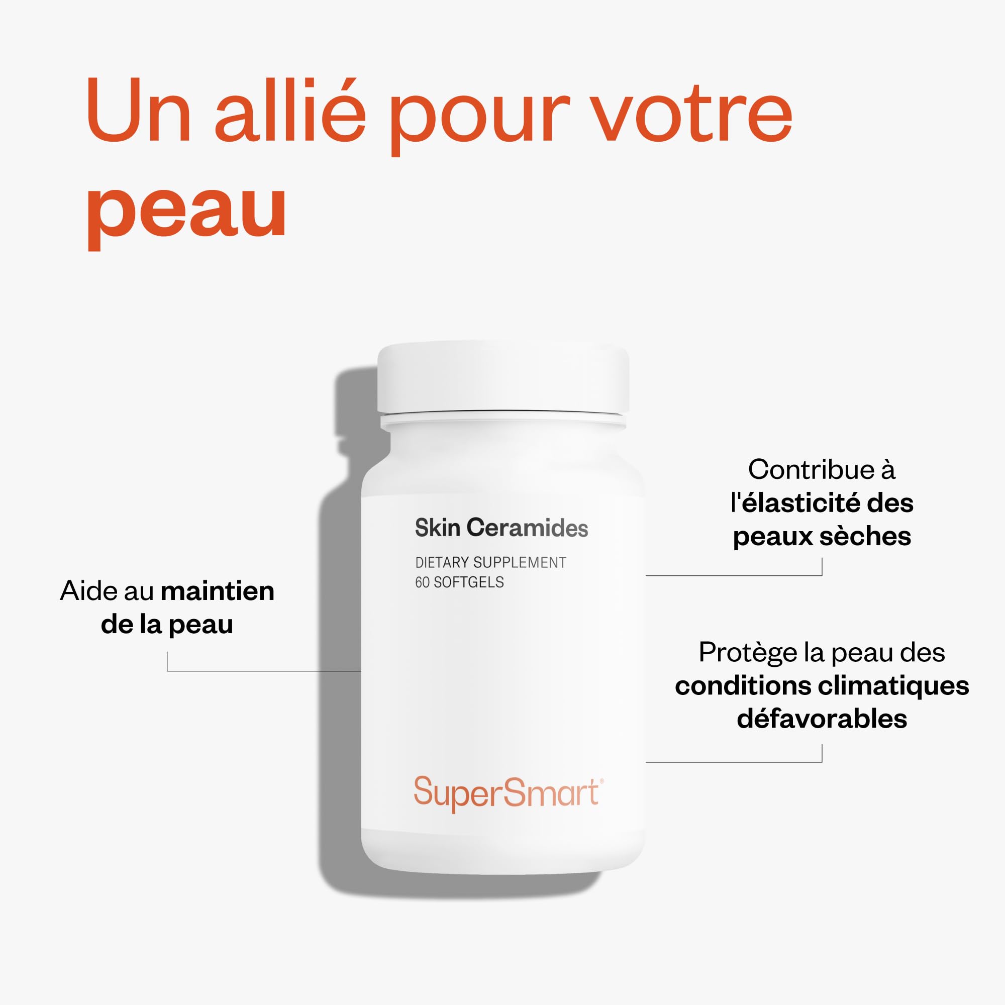 Skin Ceramides - Lipowheat™ - Aide à Améliorer l’État Général de la Peau (Éclat, Hydratation, Elasticité, Rides) - Contient du Zinc qui Optimise la Santé de la Peau - Supersmart