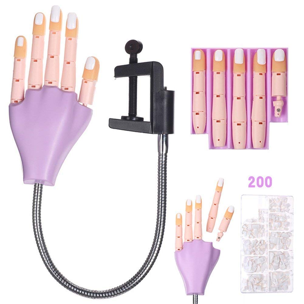 MJHAONail Art Practice Model Hand, Flexible Plastic False Hand Training Display Hand Tools with 200 pcs Nail Tips (A)