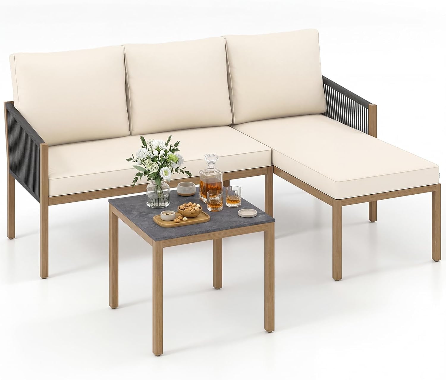 FANTASK Lounge Möbel Outdoor, Gartenmöbel Set 3-teilig mit Tisch & Kissen, Sitzgruppe für Garten, Balkon & Terrasse, ideal als Balkonmöbel & Terrassenmöbel