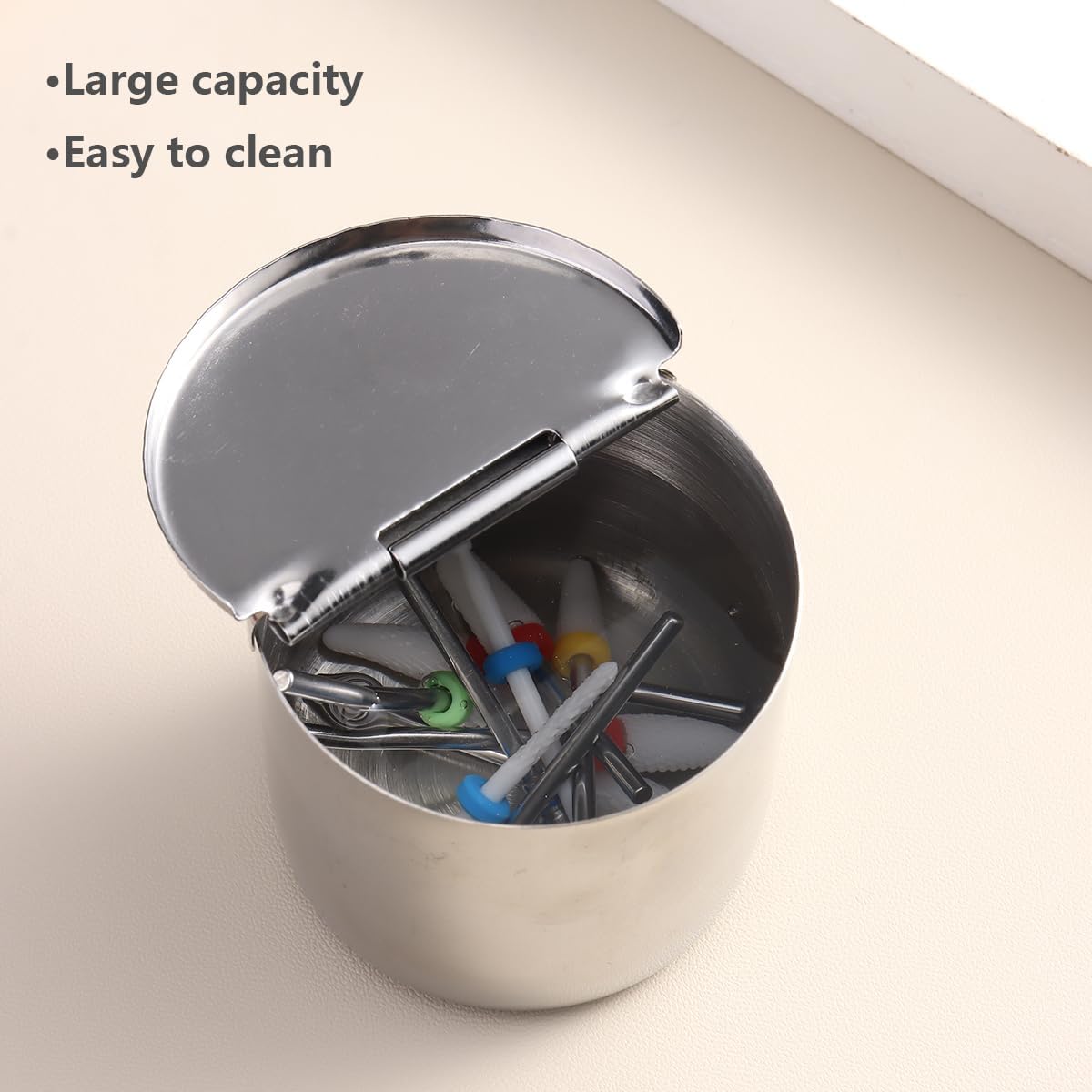 Nail Tool Sterilizer Box, Metallic Stainless Steel Nail Drill Bits Cleaning Box Disinfection Container Cup Nails Tool Organizer Cup for Manicure Equipment Nails Salon Supplies Art Accessorie