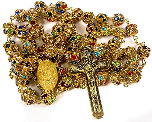 Nazareth Store Gold Plated Rosary Necklace with Colorful Crystallized Beads Miraculous Medal Cross Crucifix2