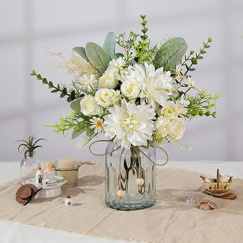 Miniatura 5 de LESING Flores artificiales en jarrón, arreglo de flores sintéticas de seda, ramos de hortensias de rosas con jarrón de margaritas rústicas para