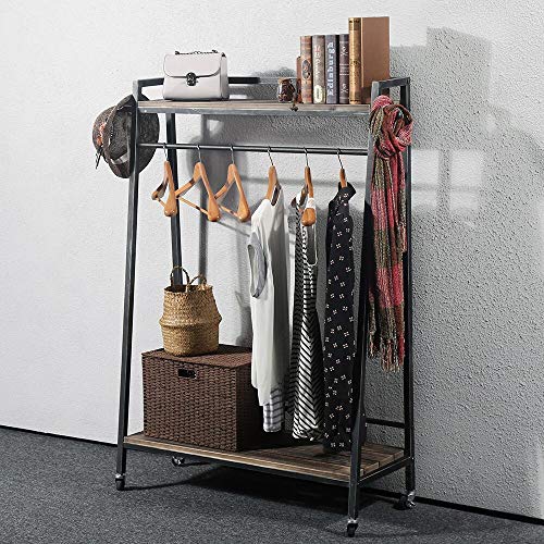 Industrial Clothing Rack with Wood Shelves,Vintage Black Iron Garment
