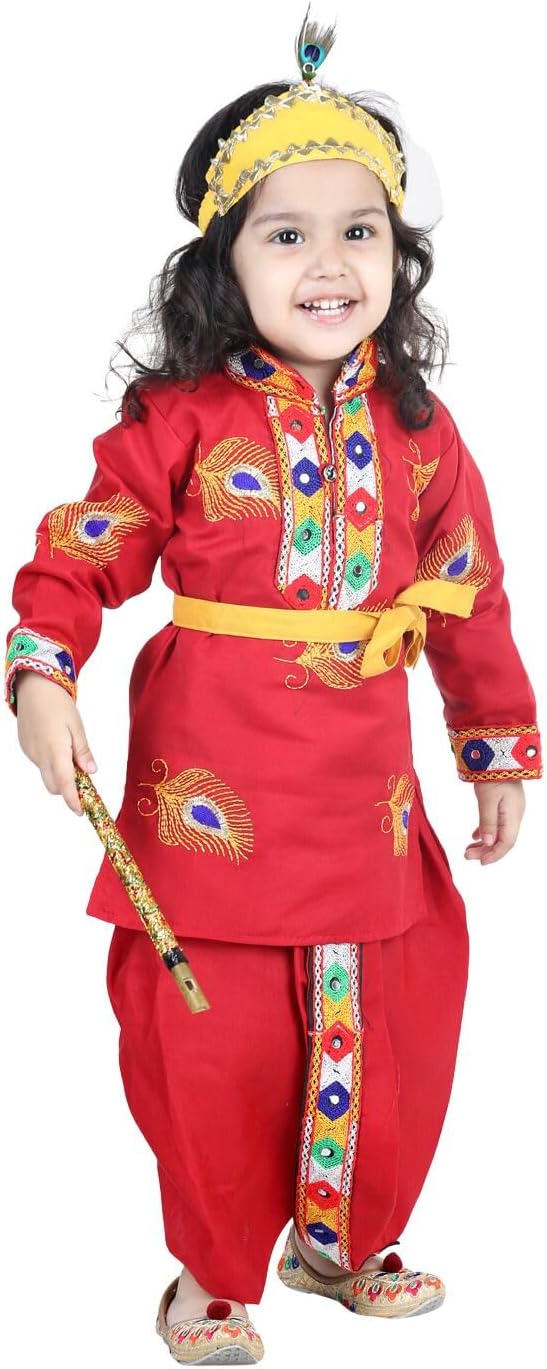BownBee Kanhaiya/Krishn Suit Dress with Bansuri, Mukut and Belt, Fancy Janmashtmi Dresses Shri Krishna Costume for Baby Boy & Girls Dhoti Style Traditional Ethnic wear (Set of 1)