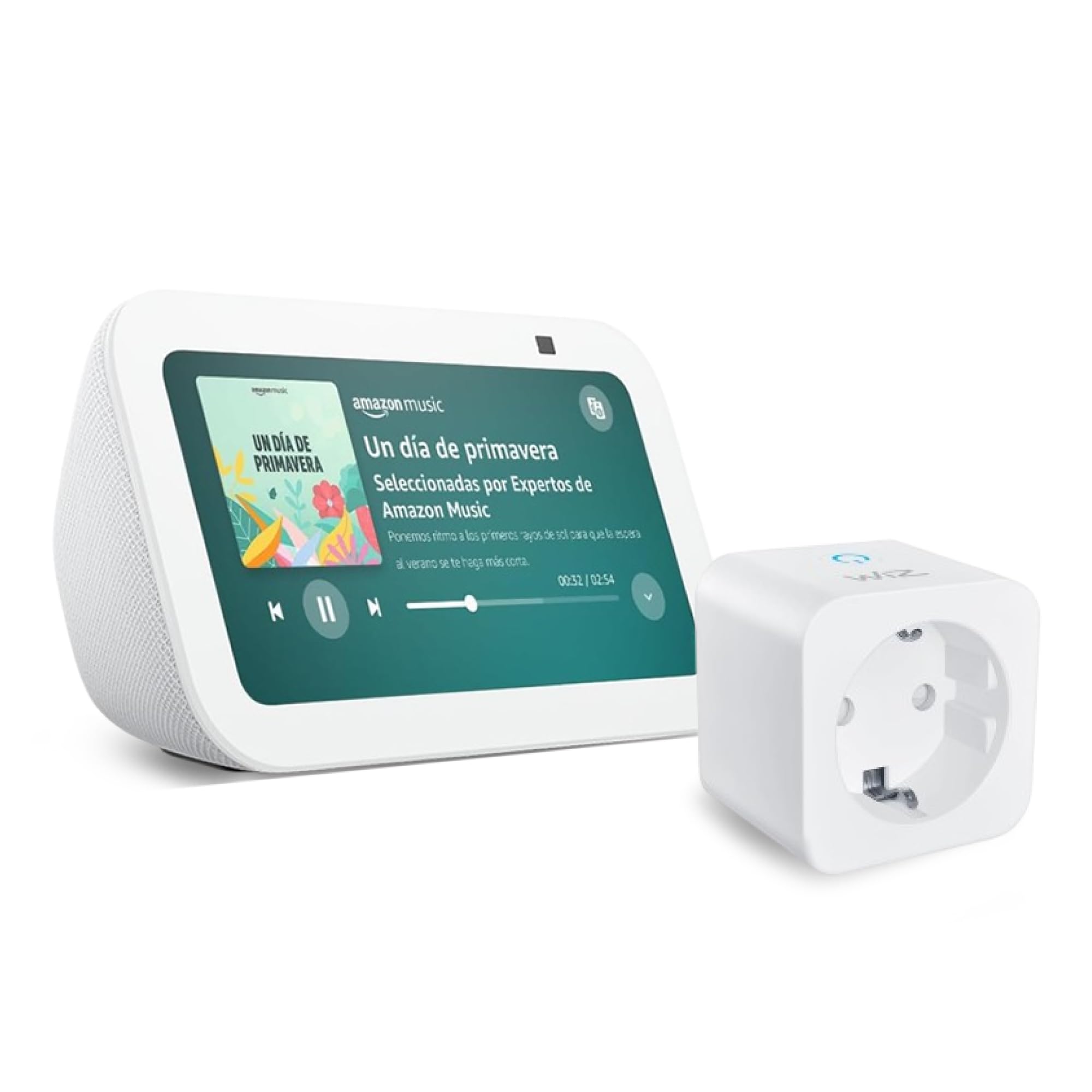 Echo Show 5 (Última generación) | Blanco + WiZ Enchufe Inteligente, compatible con Alexa - Kit de inicio de Hogar digital