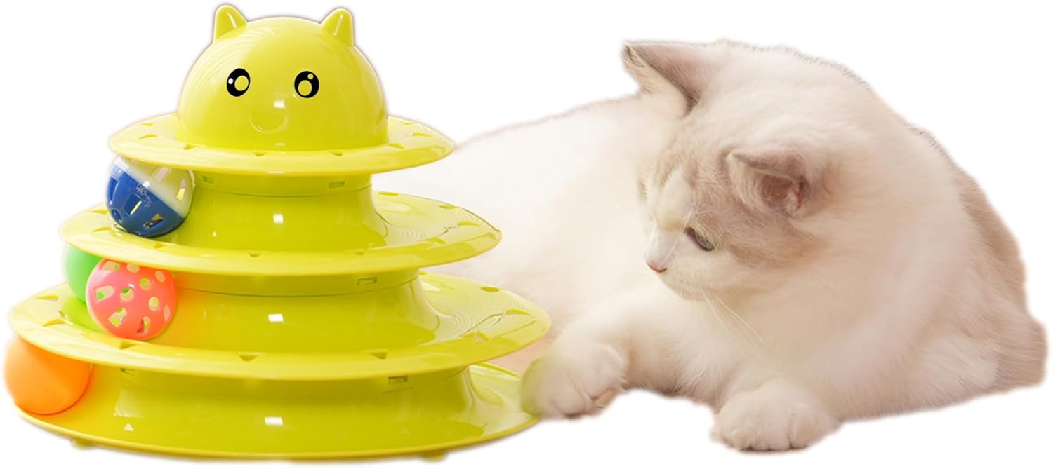 Catstages Tower, Interactive 3-Tier Cat Track Toy with 6 Spinning Balls in Box, Cat Fun Durable Toy, for All Breed of Cats, Catty Self-Entertainment Toys, Green