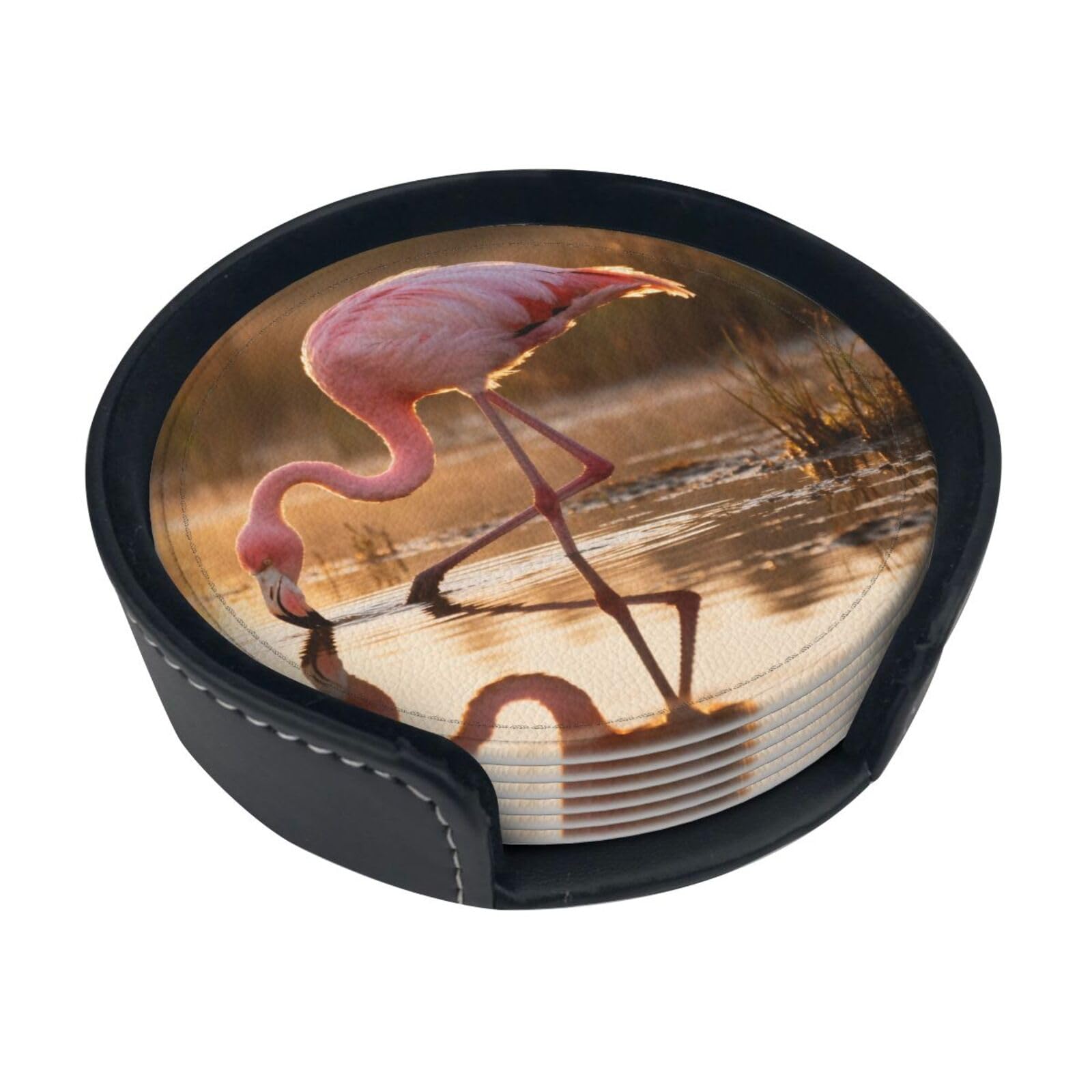 Flamingos foraging Leather Coasters-Set of 6 with Storage Holder