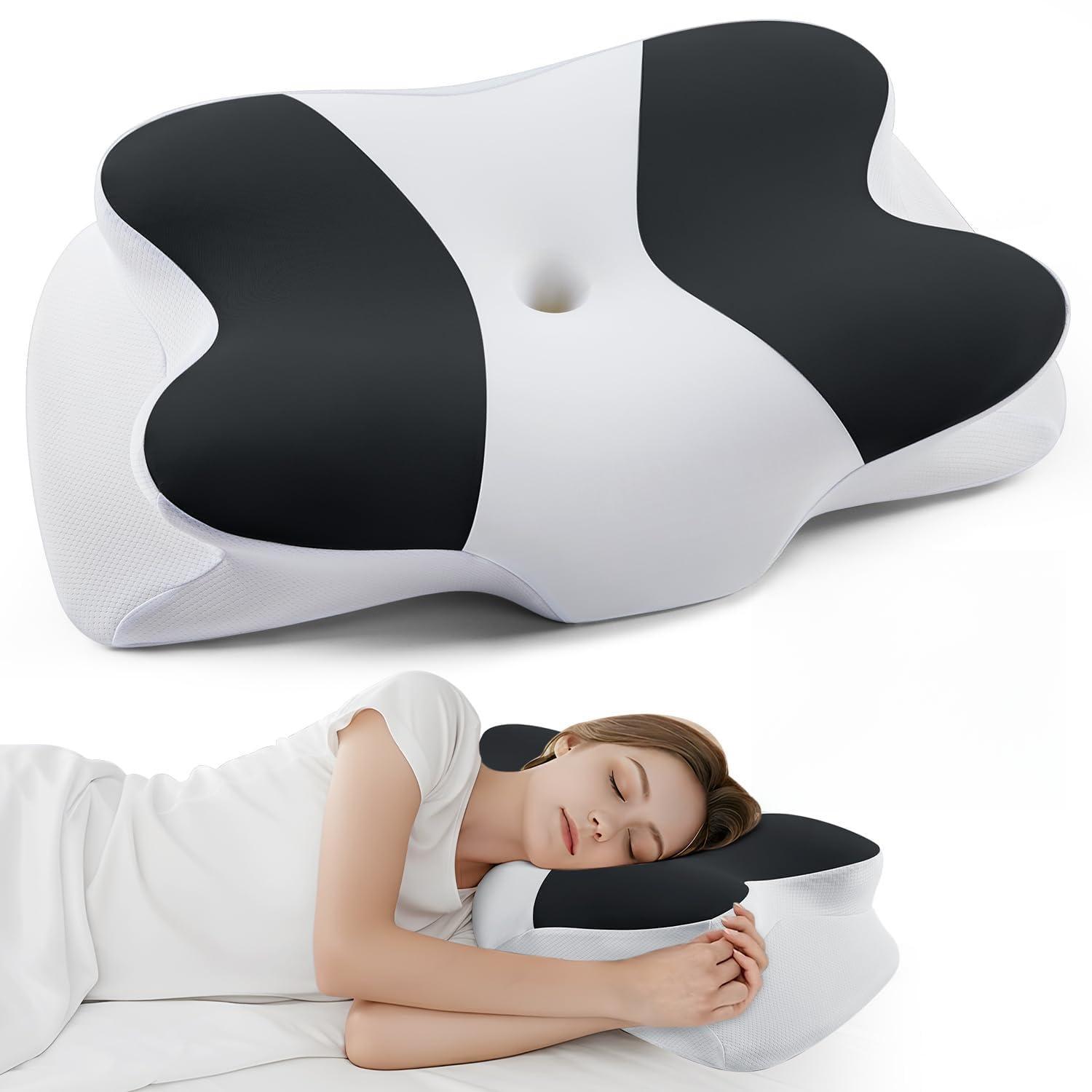 Photo 1 of DONAMA Cervical Neck Pillow- Ergonomic Pillows for Pain Relief, Contour Memory Foam Pillow for Side/Back/Stomach Sleepers, CertiPUR-US Certified with Cooling Ice Silk Pillowcase