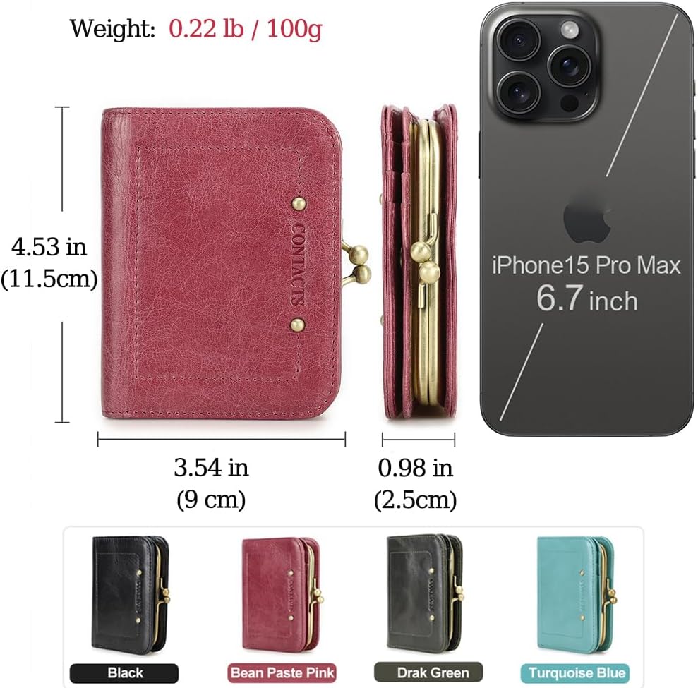 CONTACTS Full Grain Leather Kiss Lock Wallet for Women Kiss Clasp Coin Purse Vintage Bifold Card Holder Cute Small RFID Wallet (Pink) - Image 3