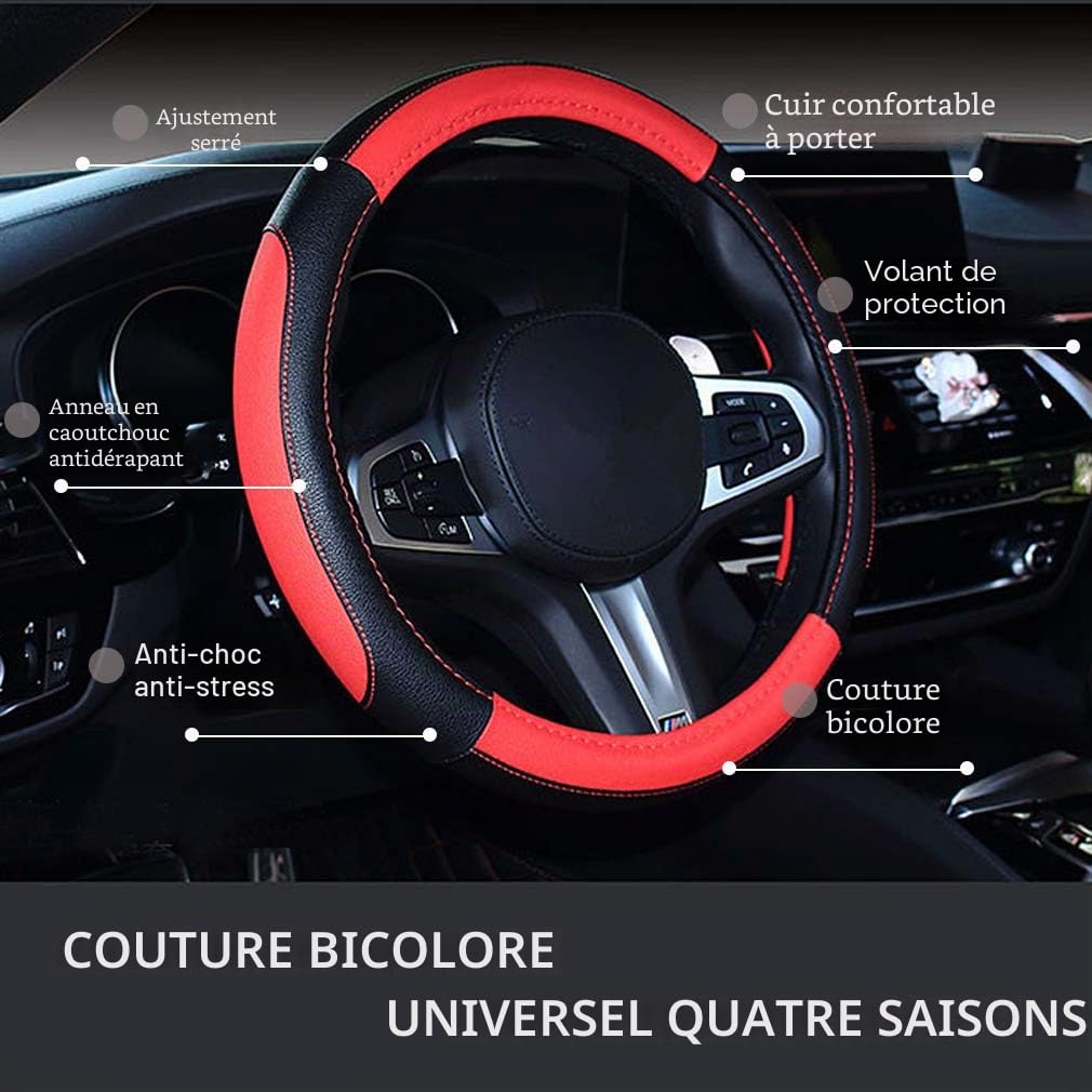 Couvre Volant Voiture en Cuir PU Durable, Universelle 38 cm, Cache Volant Voiture Respirant et Antidérapant pour Homme et Femme (Noir Blanc-3)