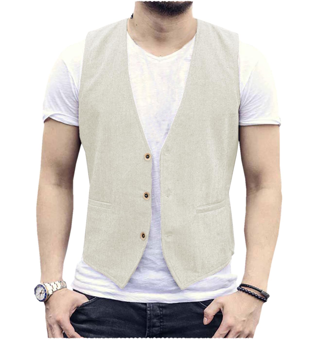 AeoTeokey Gilet estivo da uomo in lino, dallo stile casual e con taglio dritto