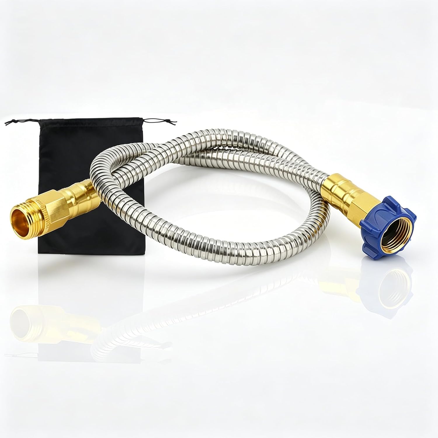 3FT 304 Stainless Steel RV Water Hose, Drinking Water Hose Safe & No-Lead, Anti-Kink, 3/8" Inner Diameter Short Connector for RV, Camper, Garden, Marine, Pet Washing – Includes Storage Bag