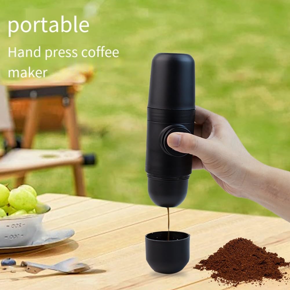 Macchina per caffè espresso manuale portatile, 20 x 6 cm, compatta, da viaggio, con manico pieghevole, materiale ABS, compatibile con caffè macinato, nero