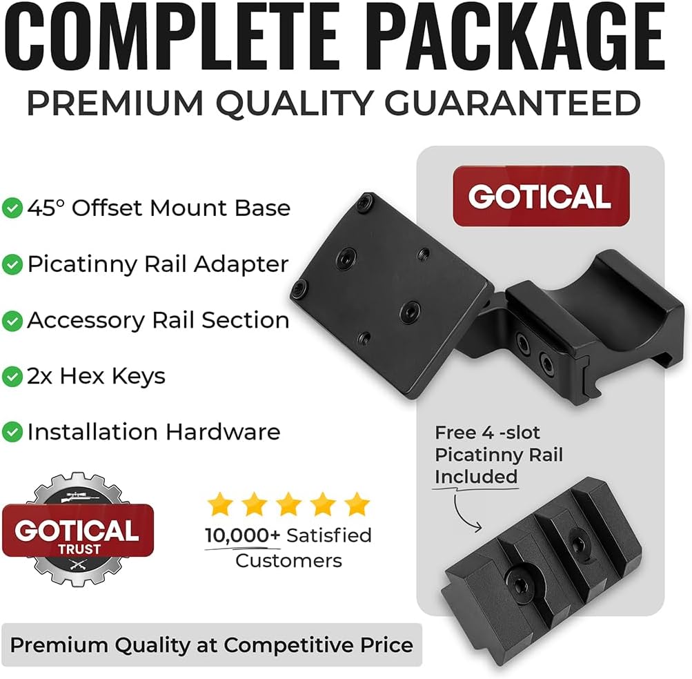 Gotical 45 Degree Angled Low Profile Offset RMR Footprint Red Dot Base, Front and Back Position Red Dot Riser Black Finish Type III Hard Coat Anodized