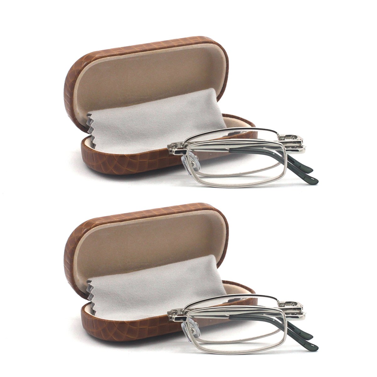 EYE ZOOM Compact Rectangular Metal Folding Reading Glasses with Leather Case for Men and Women